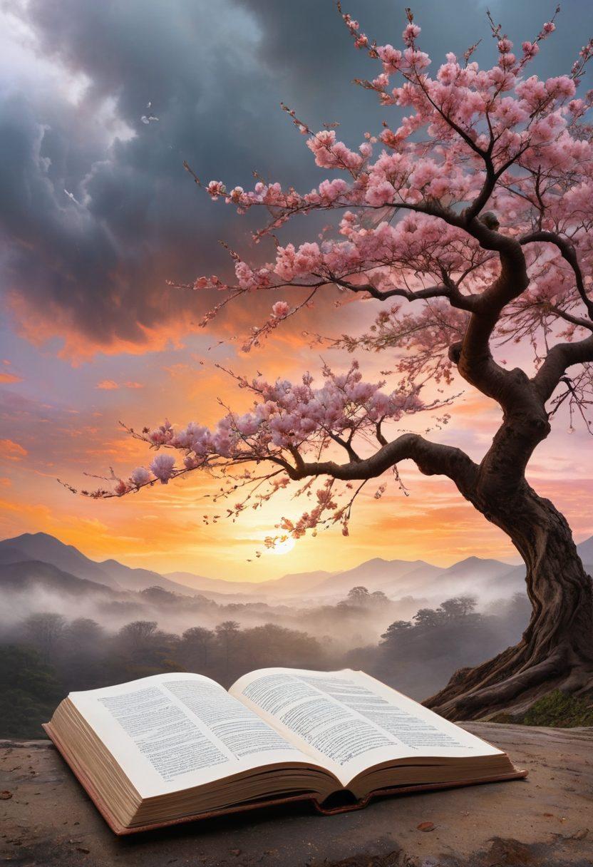 A serene landscape blending traditional Asian elements, featuring a tranquil cherry blossom tree with soft petals falling. In the foreground, an open book glows softly, symbolizing stories of sorrow and healing, surrounded by subtle images of diverse Asian faces expressing emotions. A warm, light breeze flows through, representing hope and resilience. The background transitions from dark gloomy clouds to a bright horizon. soft watercolor style. vibrant colors.
