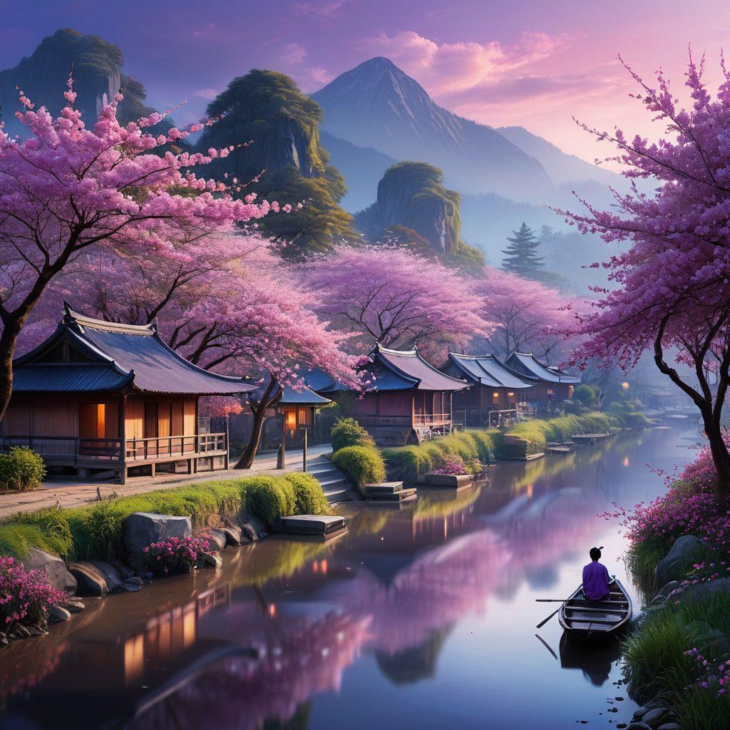 A serene landscape depicting a misty Asian village, with traditional wooden houses and a flowing river, surrounded by cherry blossom trees. In the foreground, a lone figure sits quietly, reflecting on their emotions, with a soft glow illuminating their thoughtful expression. The sky above is filled with hues of purple and blue, creating a melancholic yet beautiful atmosphere. The overall tone should evoke introspection and deep emotion. super-realistic. vibrant colors. ethereal lighting.