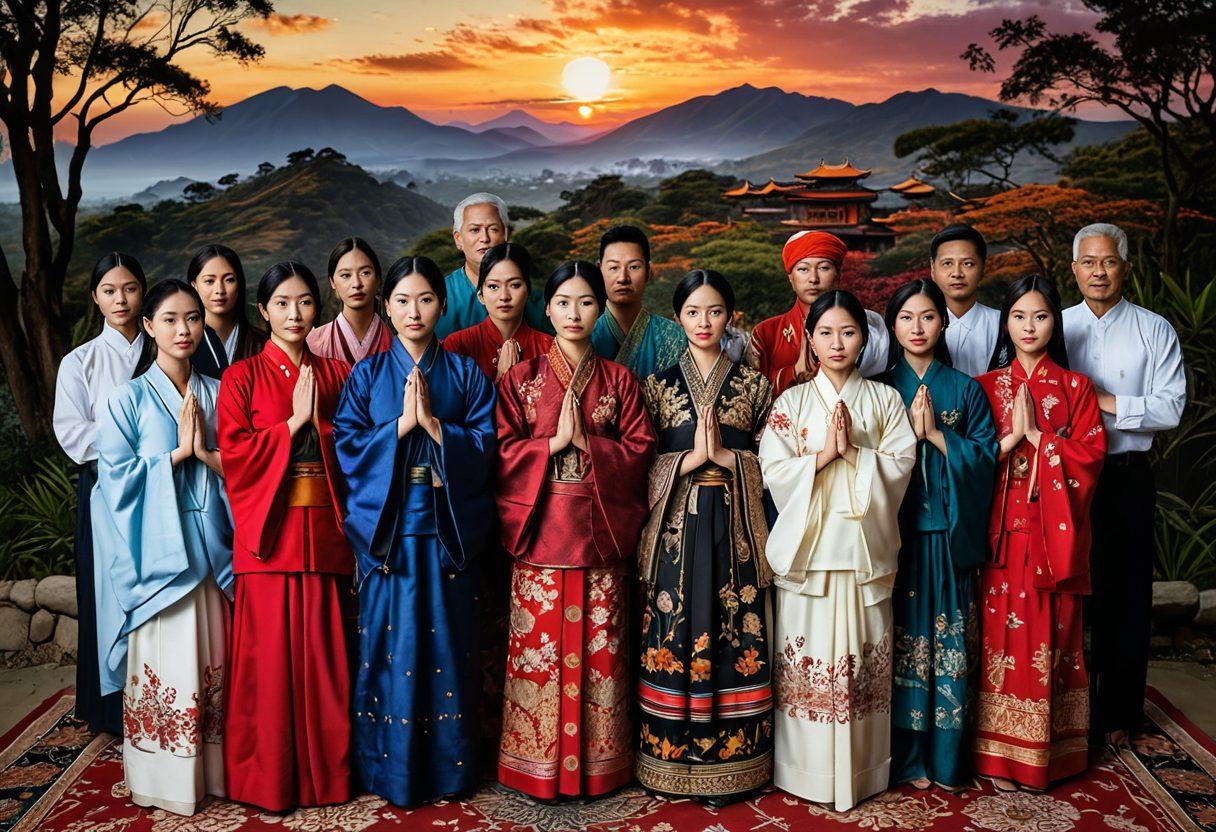 A powerful visual representing shared pain and unity among diverse Asian individuals, intertwining cultural elements like traditional clothing, symbolic landmarks, and intertwined hands. The backdrop features a colorful tapestry of different Asian landscapes, fading from dark shadows into vibrant light, symbolizing hope and resilience. Emphasize expressions of empathy and solidarity through their faces. super-realistic. vibrant colors. contrasting textures.